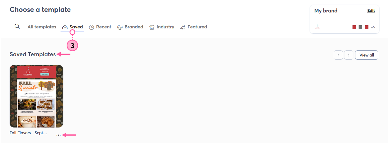 Template picker with Saved tab selected and available Saved Templates displayed