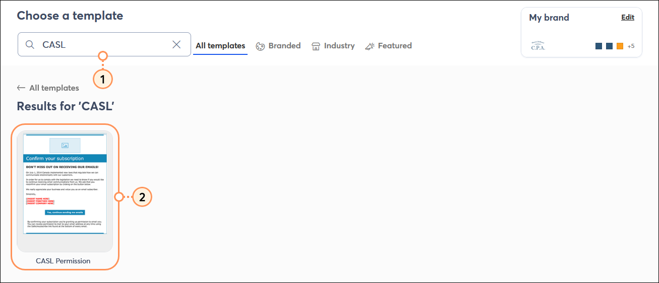 Choose a template page with Search field and CASL keyword, search results with template thumbnails