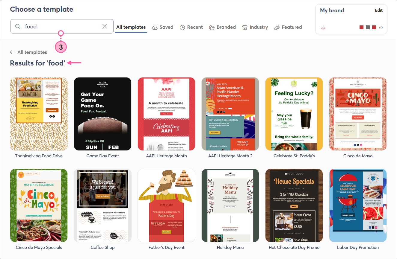 Template picker with keyword in the Search field and template results