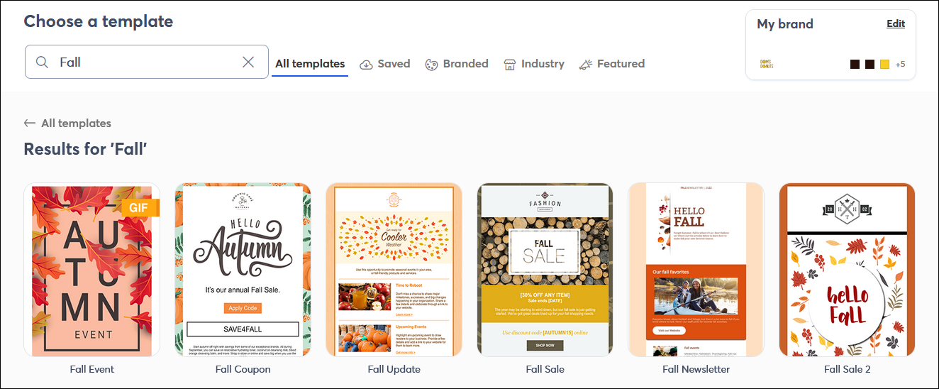 Template picker with All templates tab selected, Search field with "Fall" keyword, and Results for 'Fall' with Fall Sale 2 template