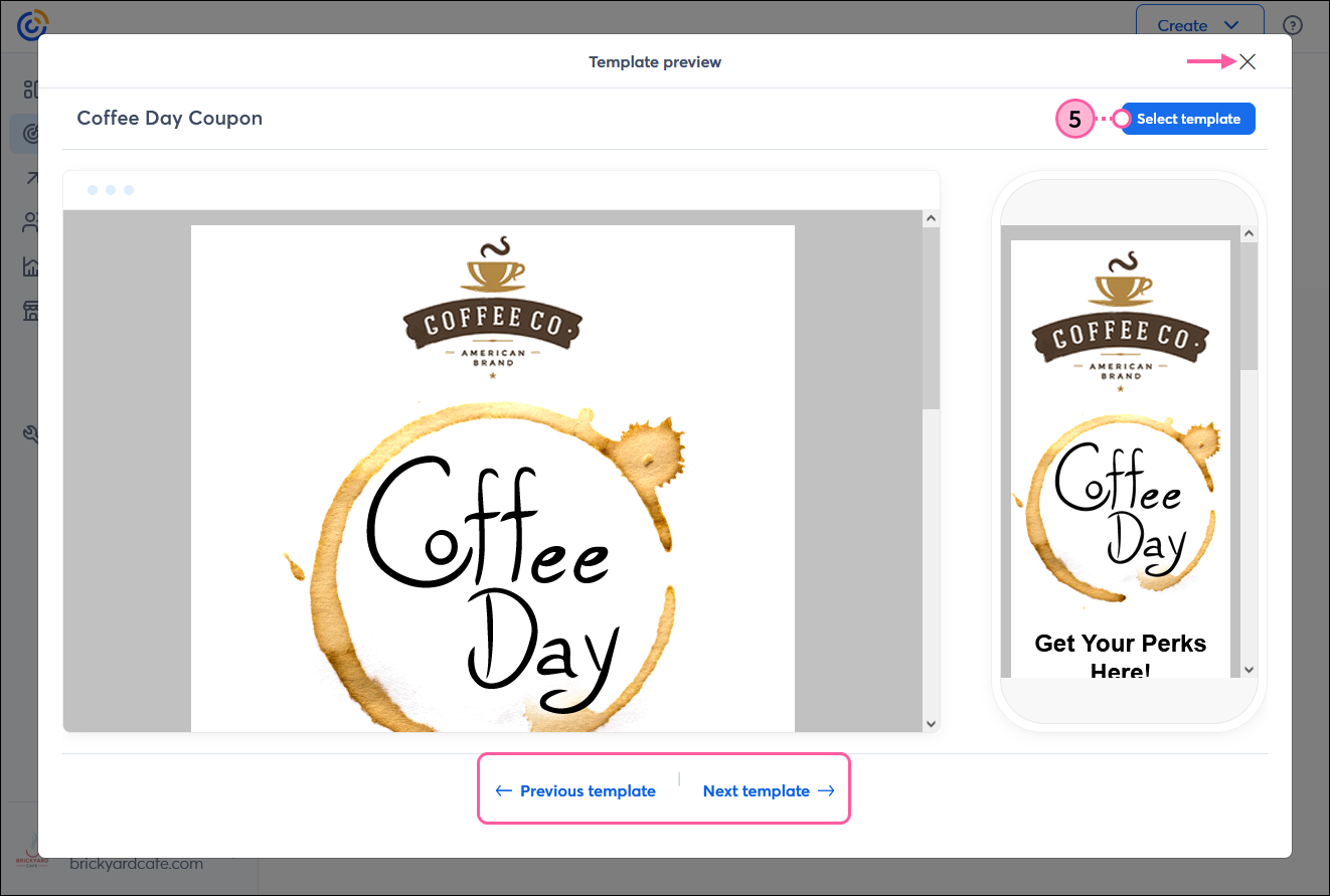 Template preview on desktop and mobile with Select Template button, exit option, and Previous and Next template links