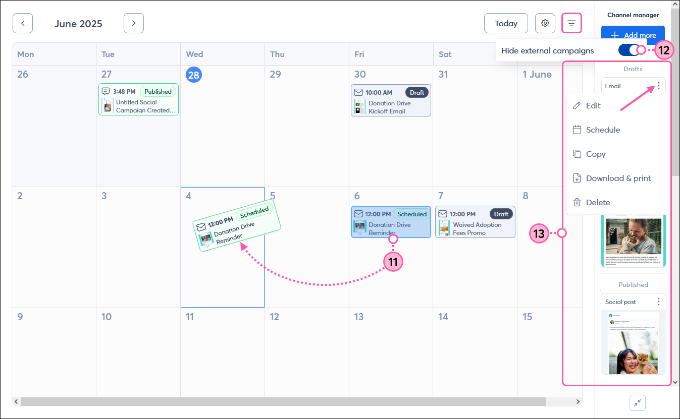 Calendar with email scheduled, click and drag to reschedule, hide external campaigns toggle, and Channel manager with draft, scheduled, and published channels