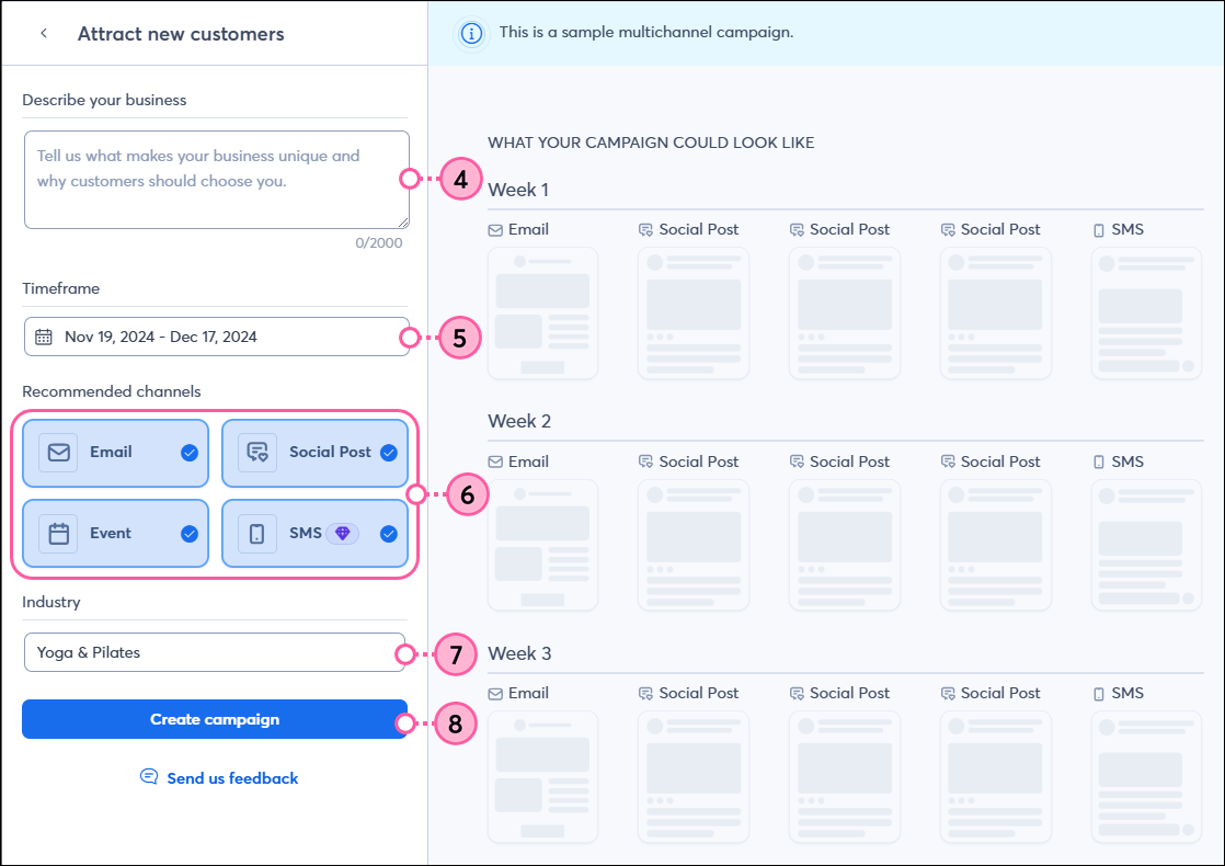 Provide details, select time frame, choose campaign activities, enter industry, and create campaign