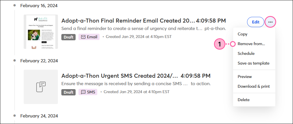 Campaign activity More drop-down with Remove From option