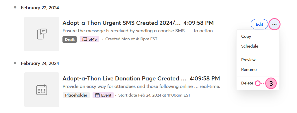 Campaign activity More drop-down with Delete option
