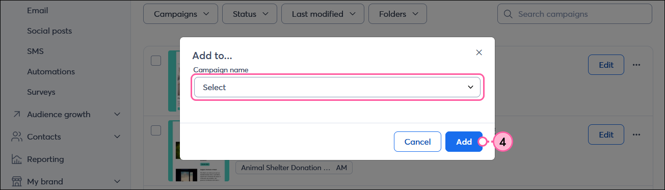 Campaign name dropdown and Add button
