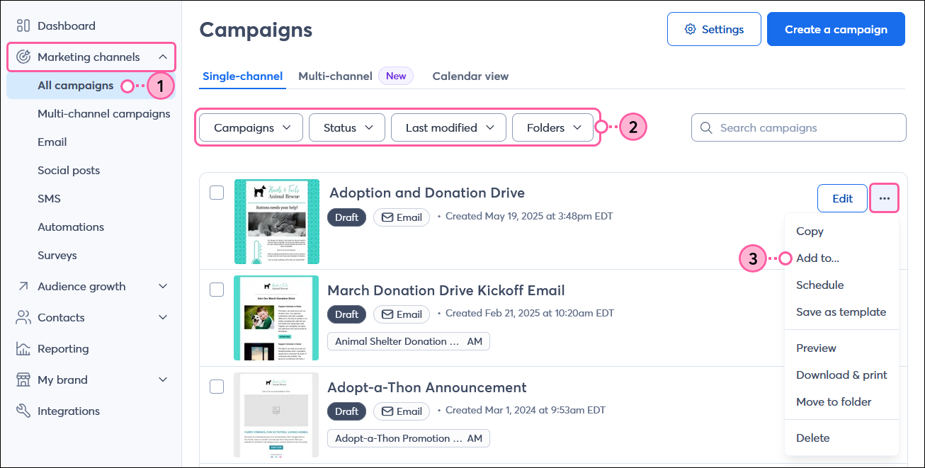 Campaign List View tab, filters, draft email More drop-down with Add To option