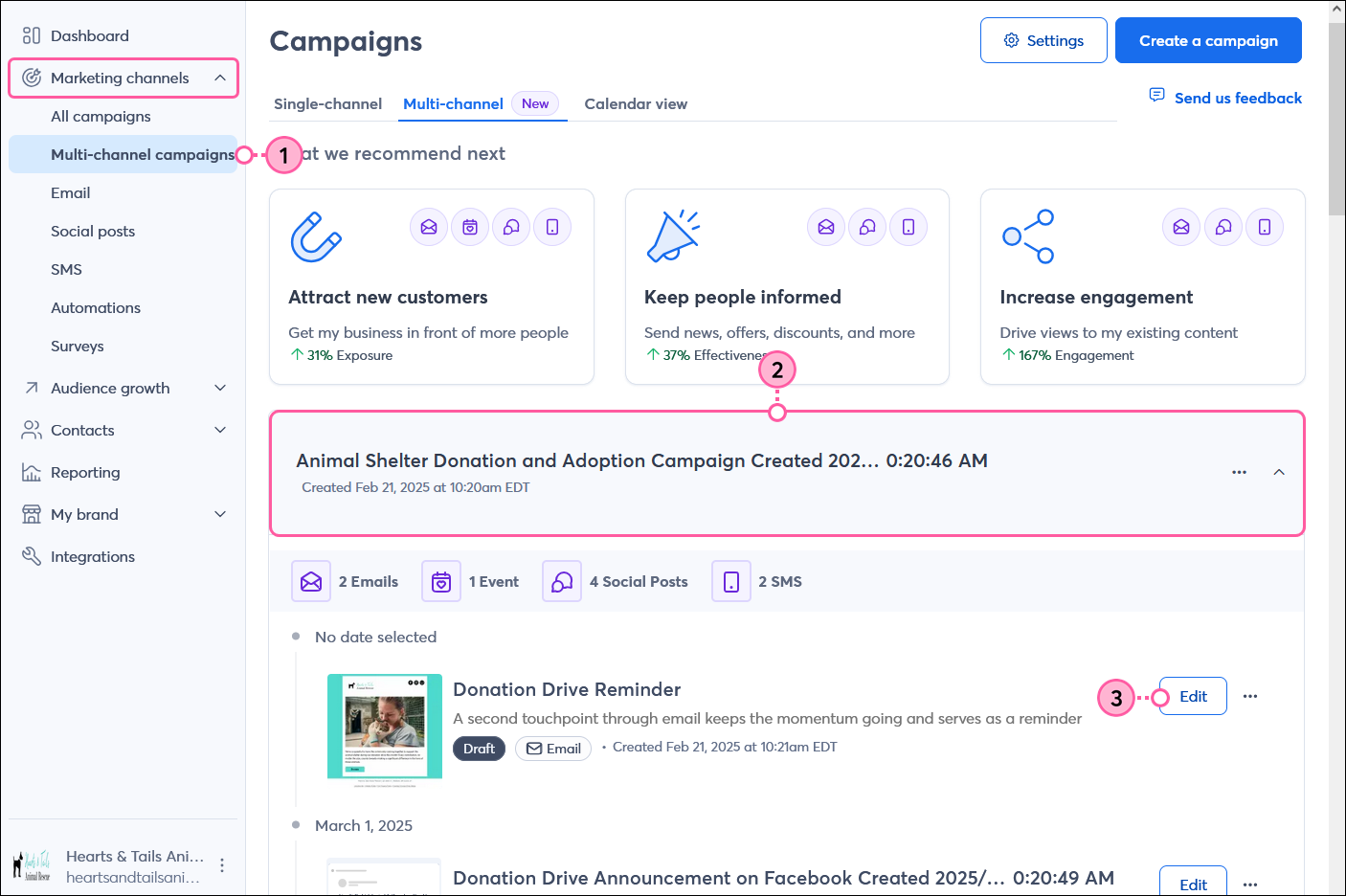 Multi-channel tab, generated campaign expanded, and Edit button next to draft email