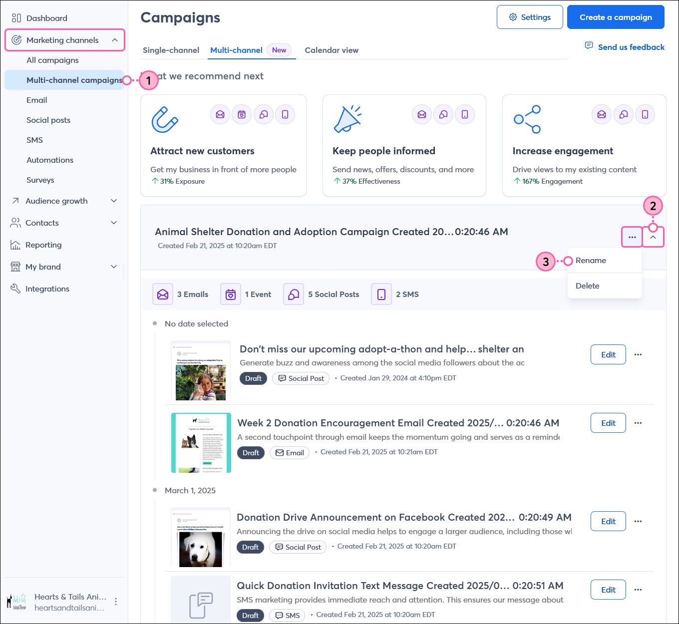 Campaign Builder tab, generated campaign expanded, More drop-down, and Rename option