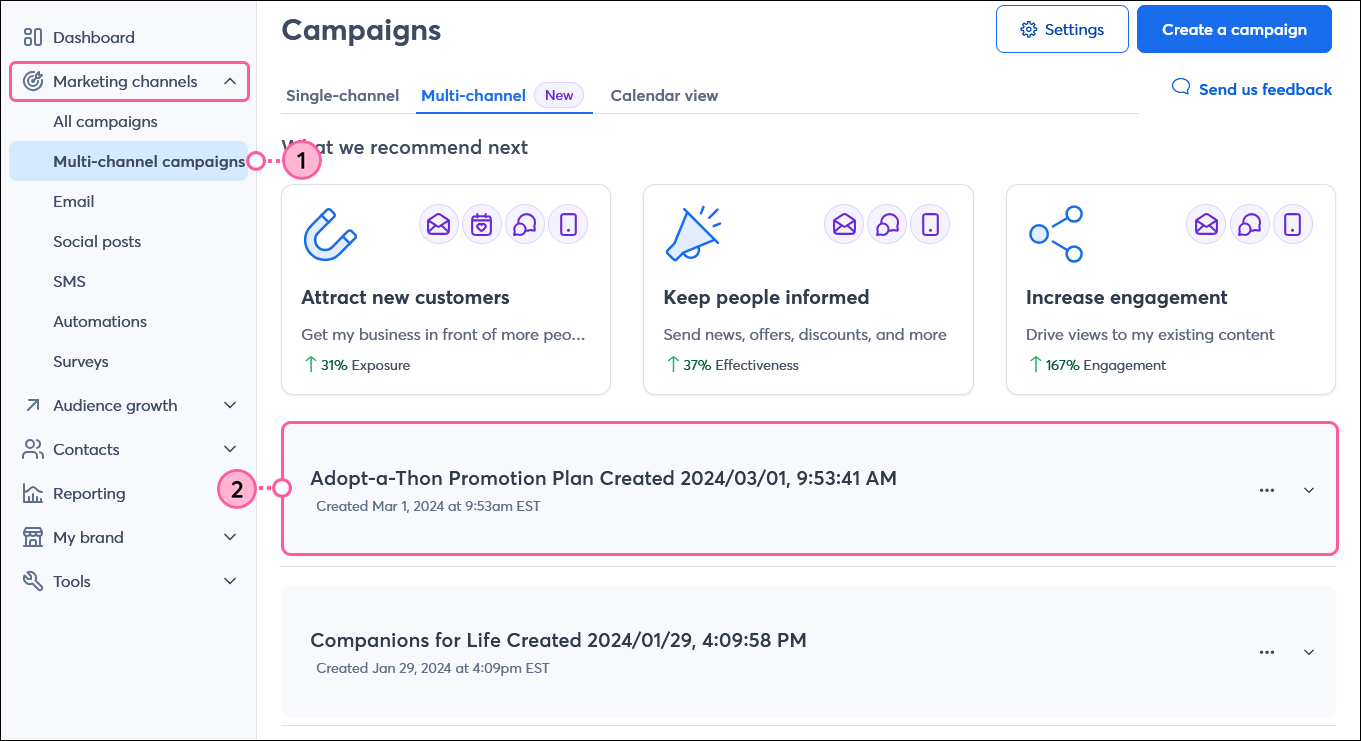 Left navigation, Marketing Channels and Multi-channel Campaigns option, and campaign name
