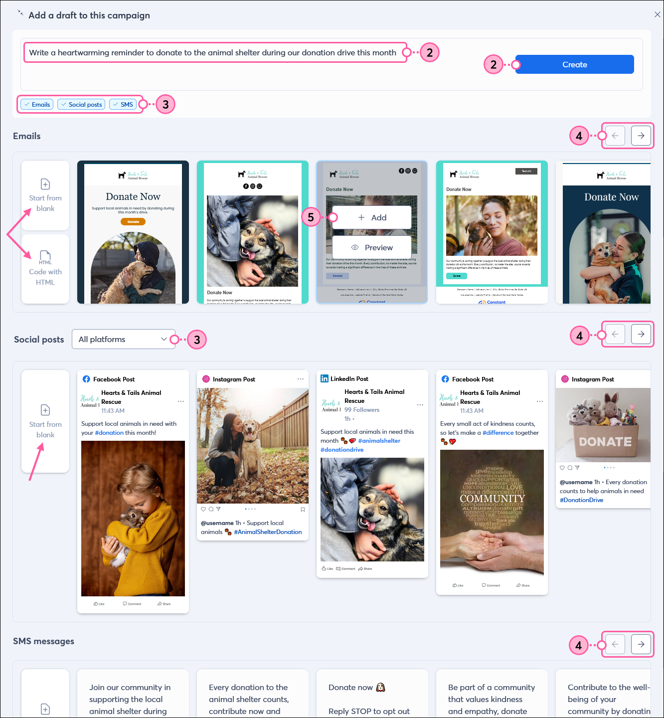 Create channel from prompt, generated email, social, and SMS options, and Add button