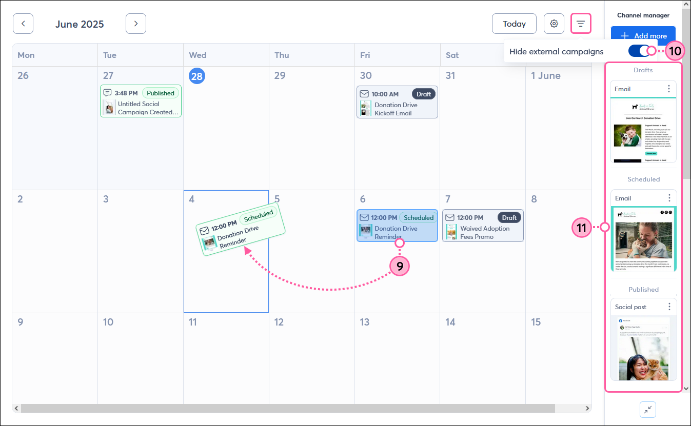 Calendar with email scheduled, click and drag to reschedule, Hide external campaigns toggle, and Channel manager panel