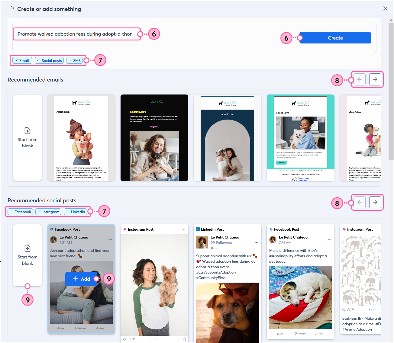 Create panel with prompt and Create button, asset recommendations, and Add button