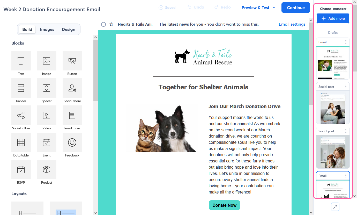 Email editor with Channel Manager panel