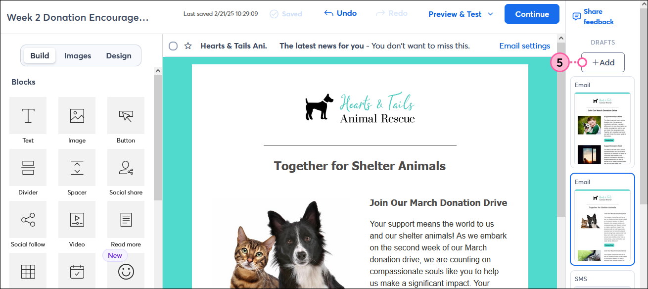 Email editor with Asset Manager panel and Add button