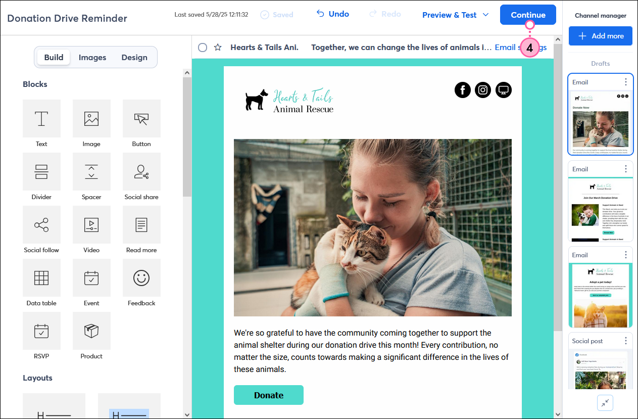 Email editor with Continue button