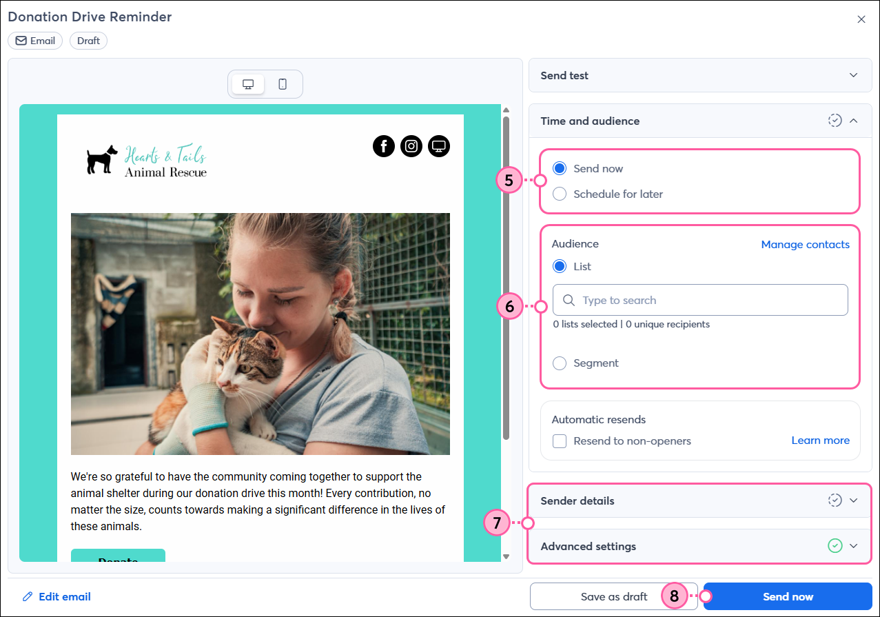 Email schedule pop-up with Time and Audience, Sender Details, Send Test, Advanced Settings, and Send Now button