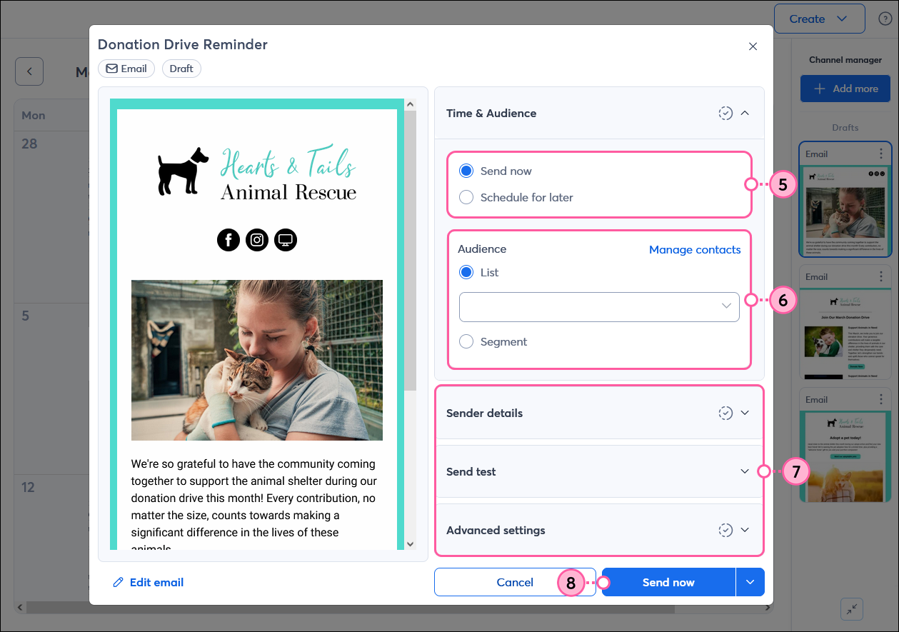 Email schedule pop-up with Time and Audience, Sender Details, Send Test, Advanced Settings, and Send Now button