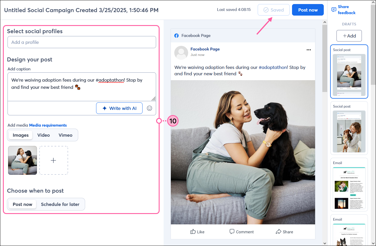 Social post editor with Save option