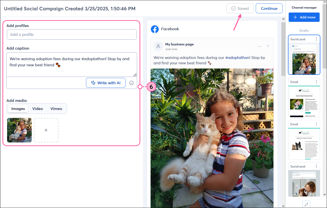 Social post editor with Saved button