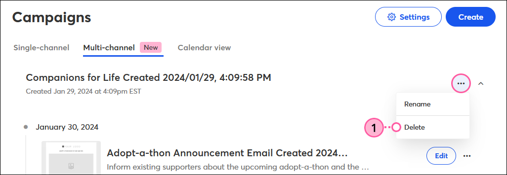 Campaign Builder tab, Campaign More drop-down with Delete option