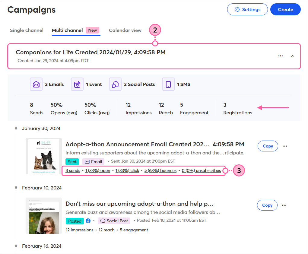 Campaign Builder tab with campaign expanded and sent email reporting stats