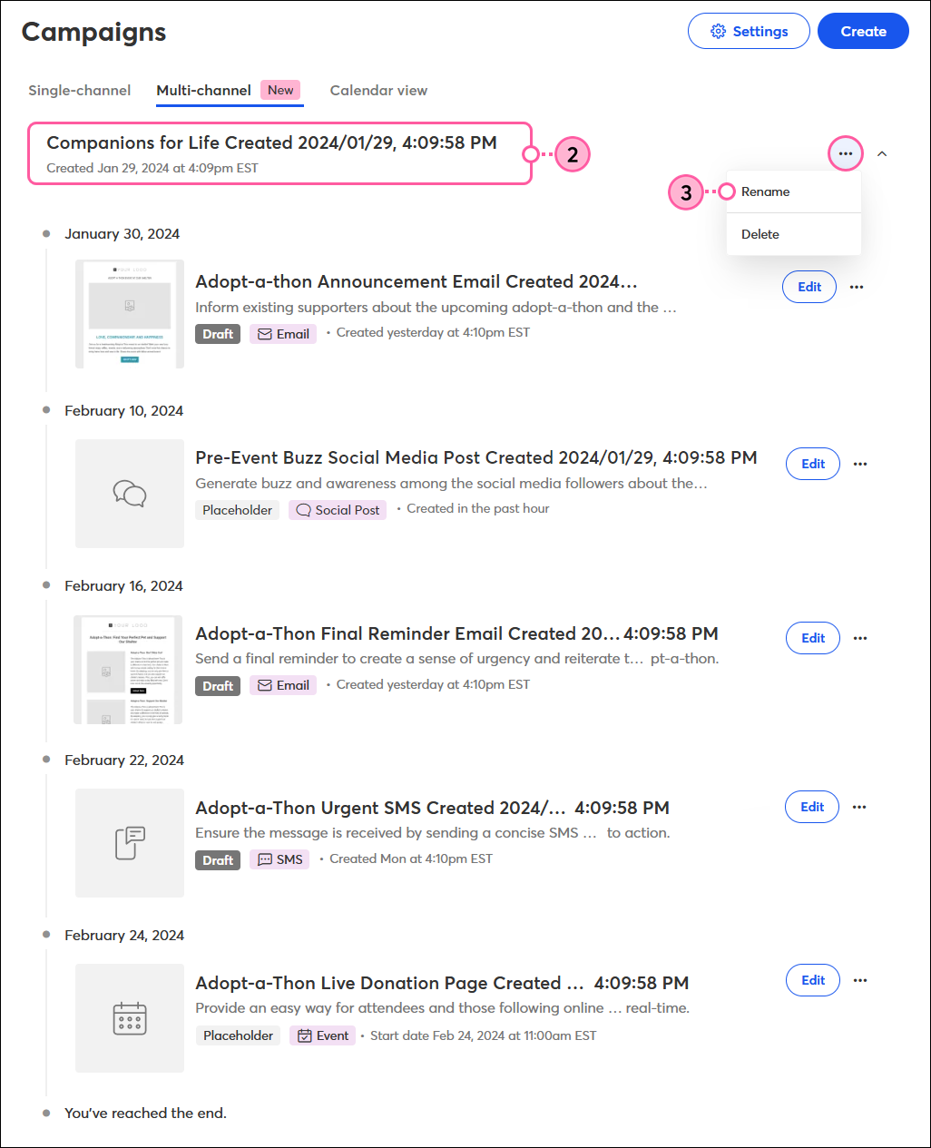 Pestaña Campaign Builder (Diseñador de campañas), generated campaign (campaña generada) expandida, desplegable More (Más), y opción Rename (Cambiar nombre)