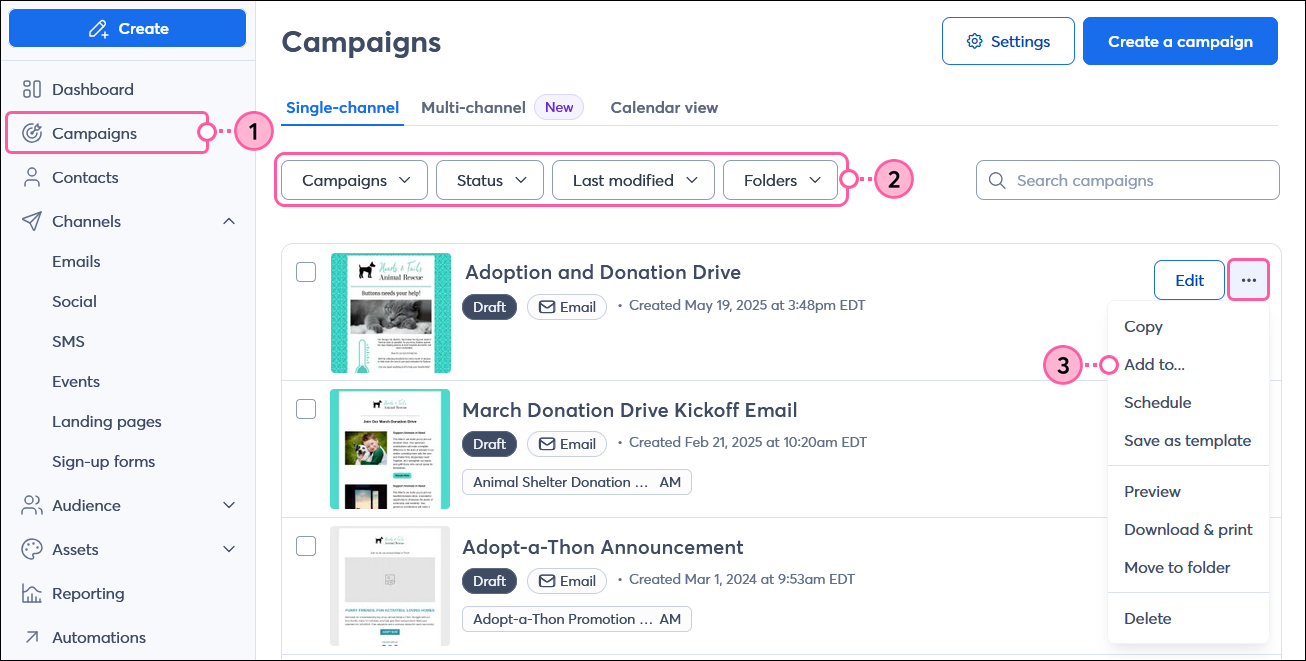 Campaign List View tab, filters, draft email More drop-down with Add To option