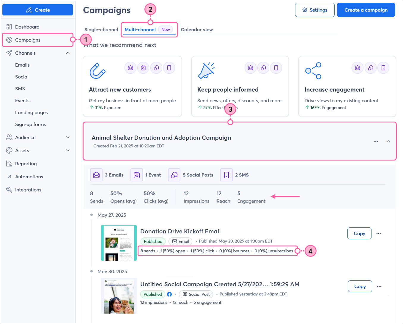 Campaign Builder tab with campaign expanded and sent email reporting stats