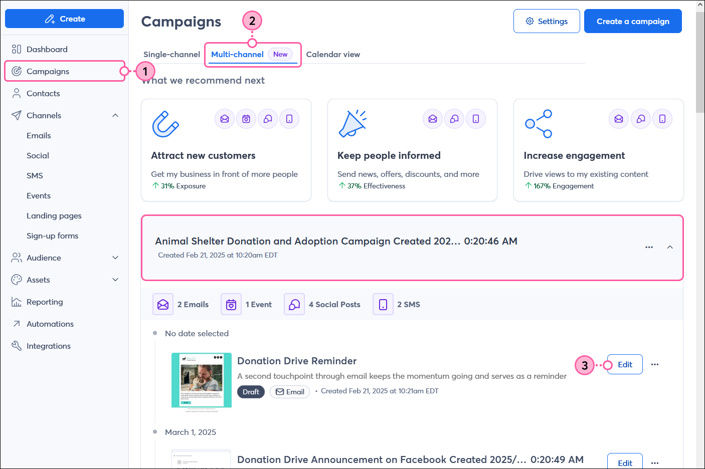Multi-channel tab, generated campaign expanded, and Edit button next to draft email