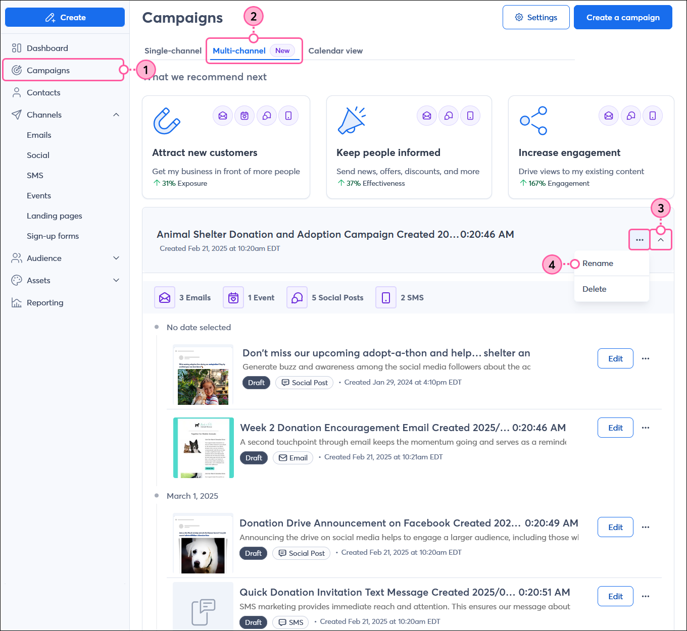 Campaign Builder tab, generated campaign expanded, More drop-down, and Rename option