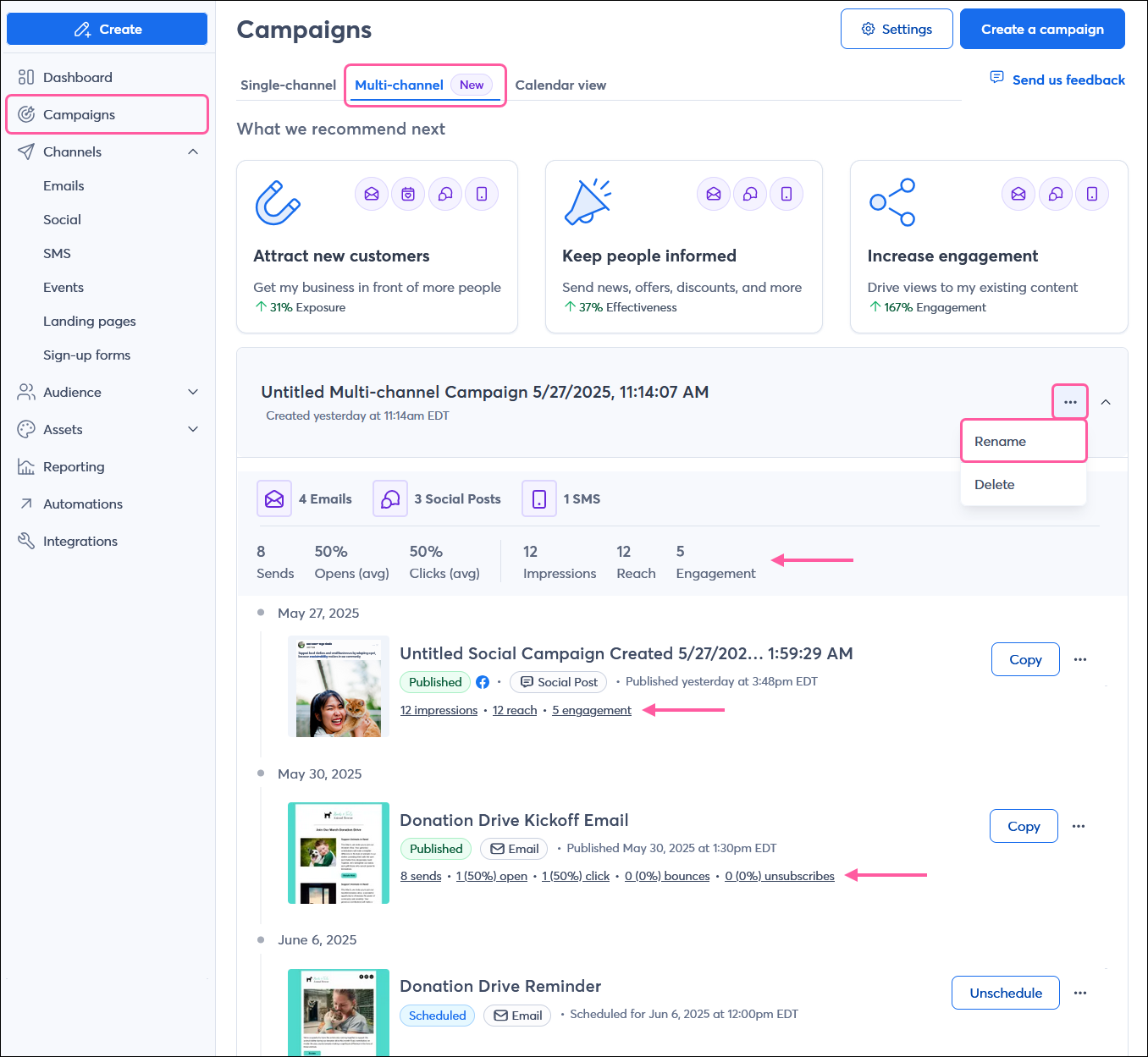 Multi-channel campaigns page, untitled marketing campaign expanded with reporting stats, and Rename option in drop-down