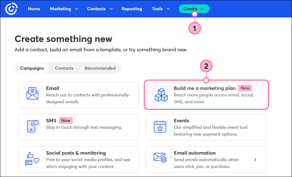 Botón Create (Crear) en la parte superior con opción Campaign Builder (Diseñador de campañas) en el menú desplegable