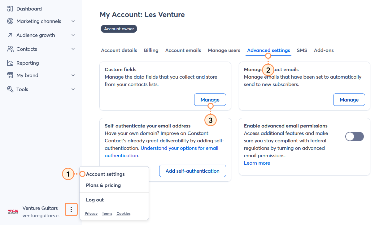 Account owner menu expanded and Account settings option selected, Account Settings page with Advanced Settings tab selected, Custom Fields section, and Manage button