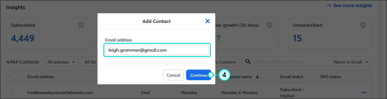 Add Contact overlay with Email address field and email address entered, and Continue button