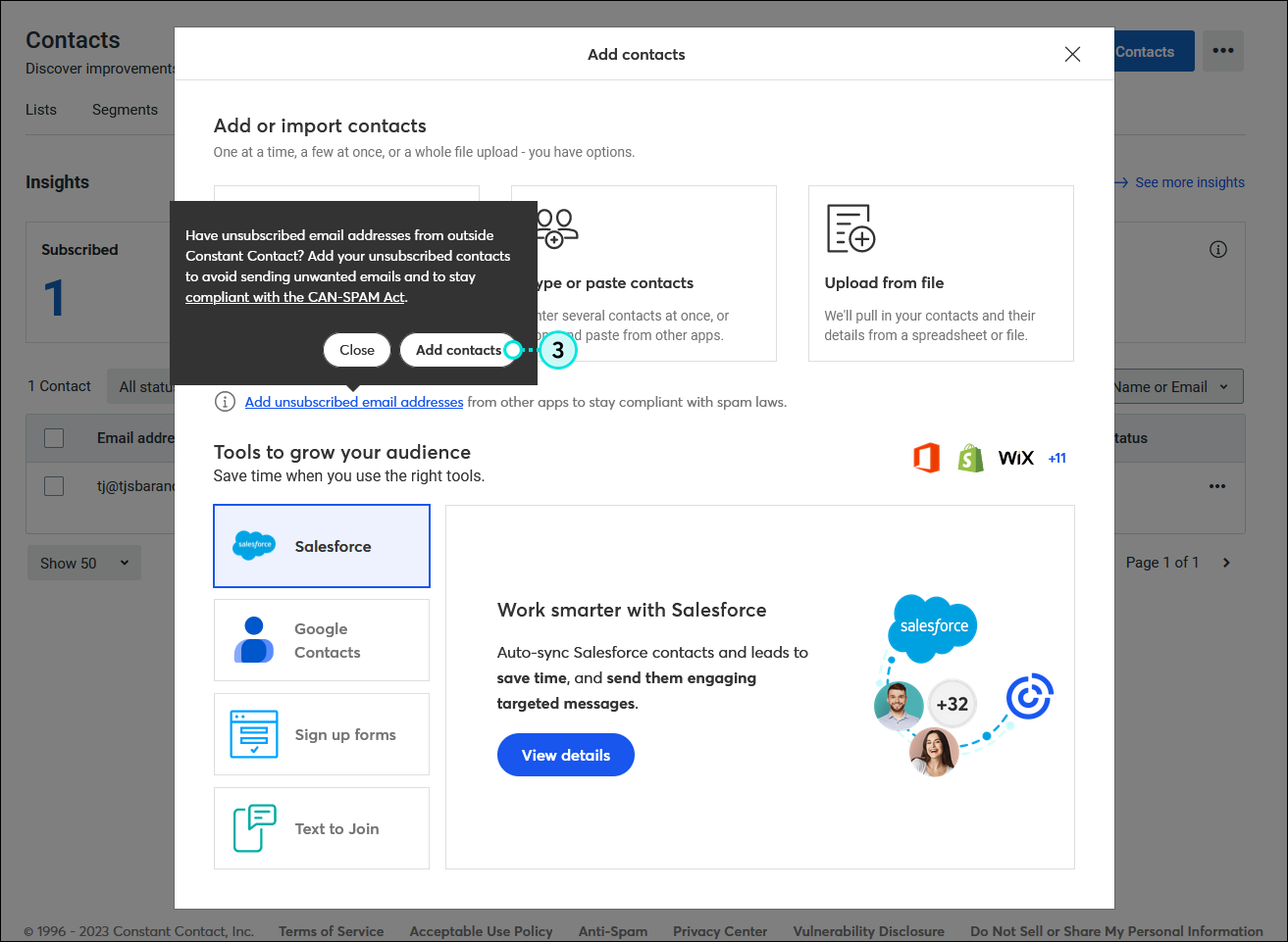 Upload unsubscribed emails overlay with Add contacts button