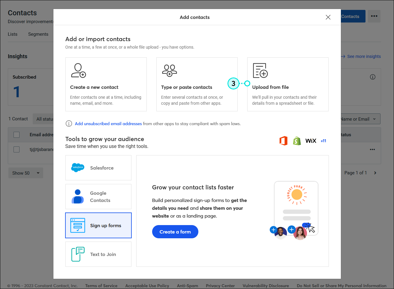 Add contacts overlay with Add or import contacts section, and Upload from file option selected