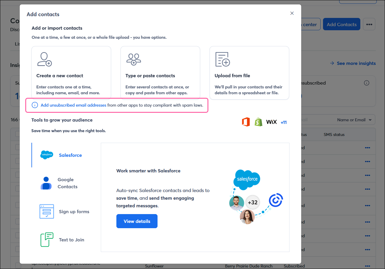 Add contacts overlay with Add unsubscribed email addresses link