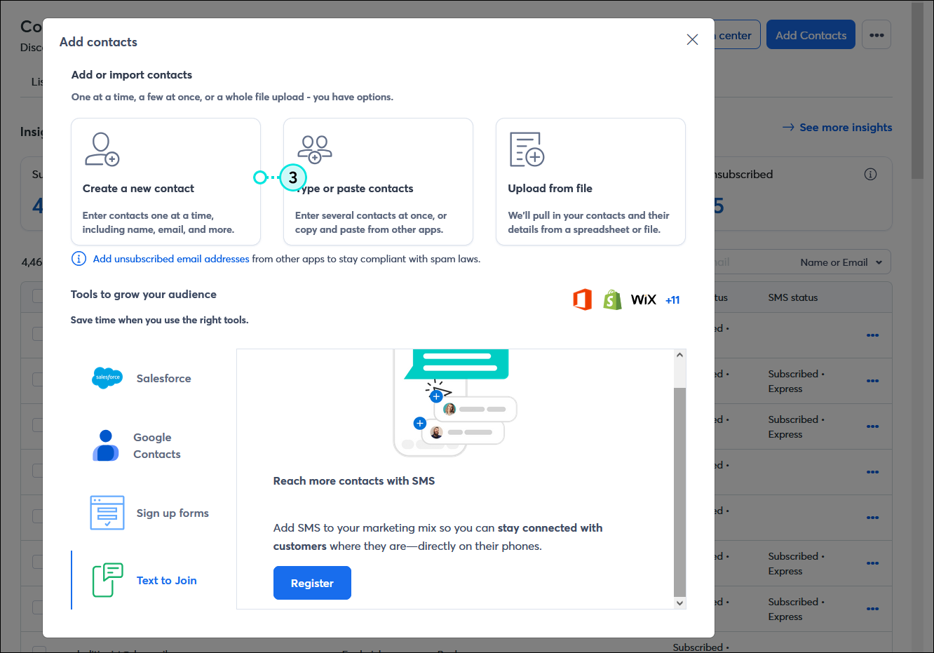 Add contacts overlay with Create a new contact option selected