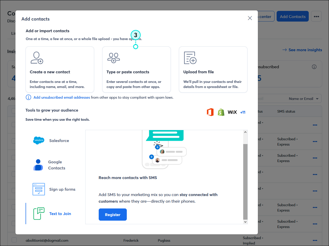 Add contacts overlay with Type or paste contacts option selected