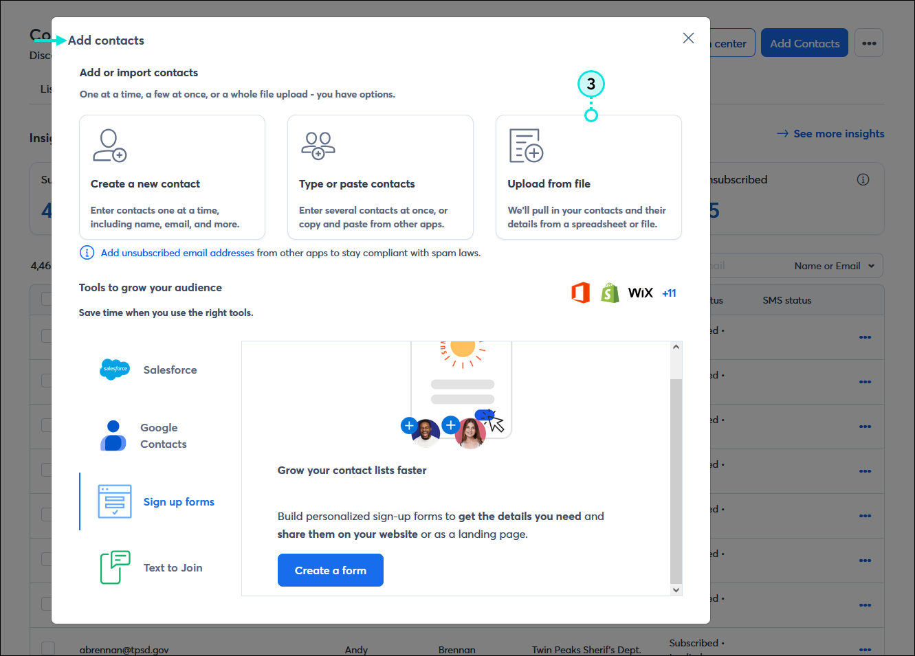Add contacts overlay with Easily import contacts from file section, and Upload file button