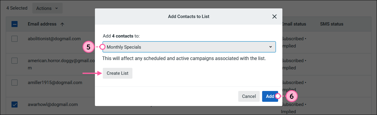 Add Contacts to List overlay, List drop-down menu, Create List button, and Add button