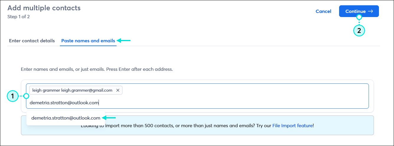 Add multiple contacts page with Paste names and emails tab selected, contact field with contact already entered and email address being entered with drop-down menu displayed, and Continue button