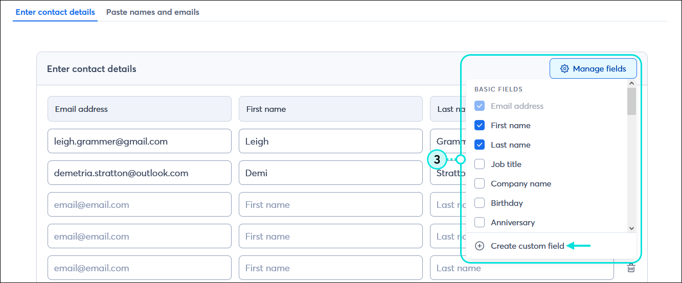 Add Multiple Contacts page with Manage fields drop-down menu expanded, Basic fields selected, and Create custom field option