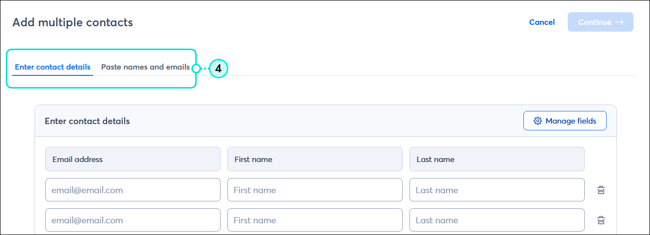 Add multiple contacts page with Enter contact details tab selected and Enter contact details table visible, and Paste names and emails tab