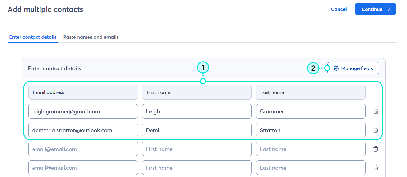 Add Multiple Contacts page with Enter contact details table and Email address, First name, and Last name fields, and Manage fields button