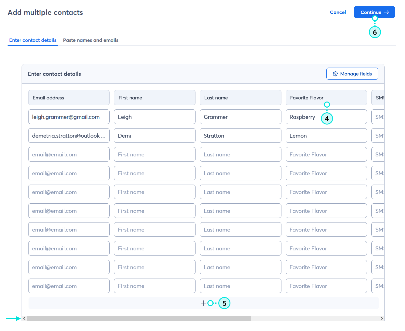 Add multiple contacts Enter contact details table with additional fields and scroll bar, Add row button, and Continue button