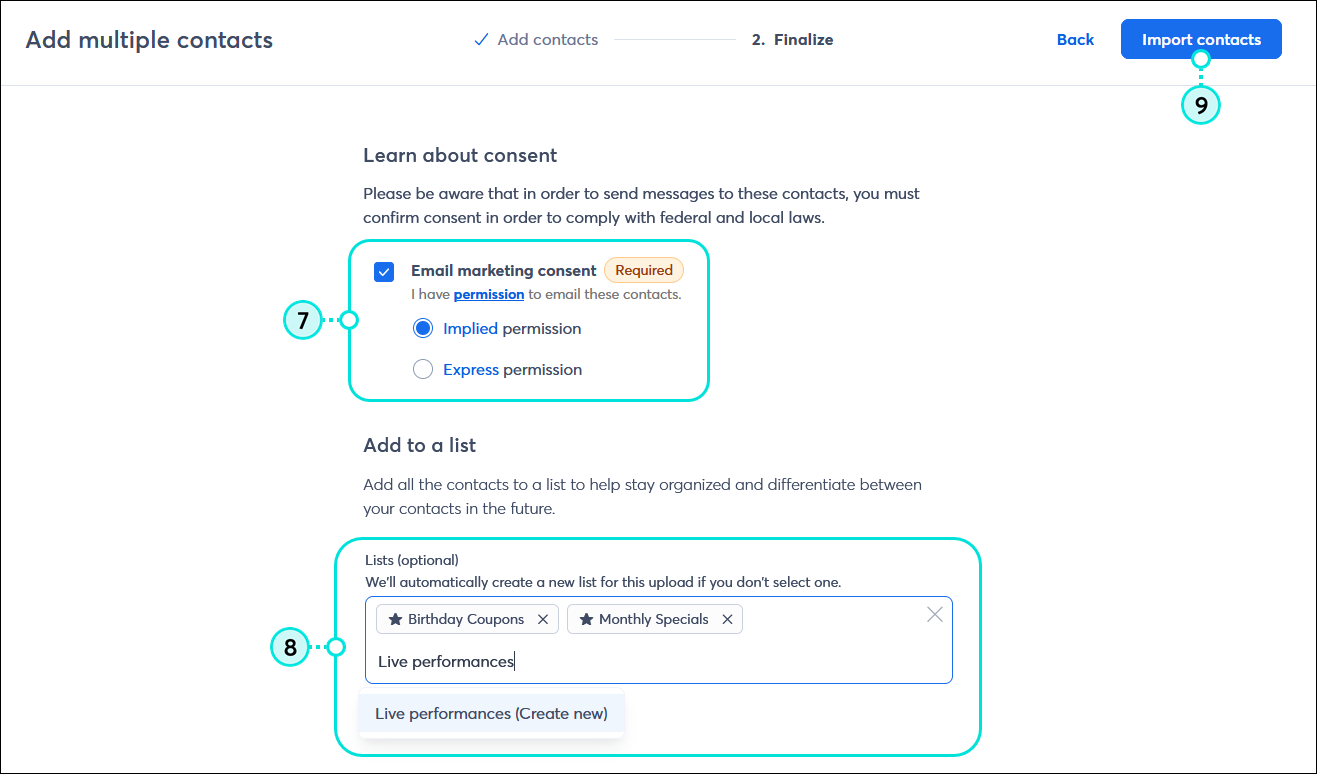 Add Contacts - Organize page with advanced email permission options, list options, tag options, and Import button