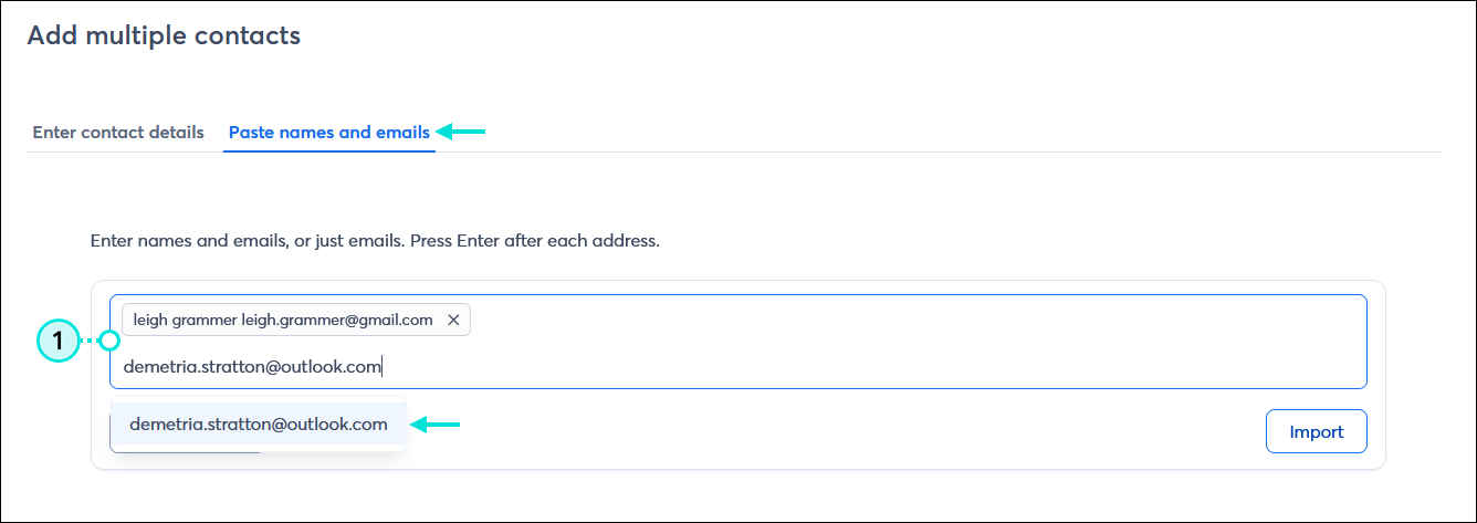 Add multiple contacts page with Paste names and emails tab selected, contact field with contact already entered and email address being entered with drop-down menu displayed