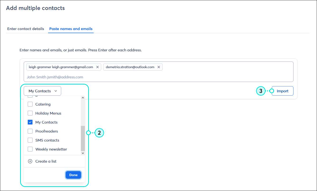 Add multiple contacts page with Paste names and emails tab selected, contacts entered, List drop-down menu, and Import button
